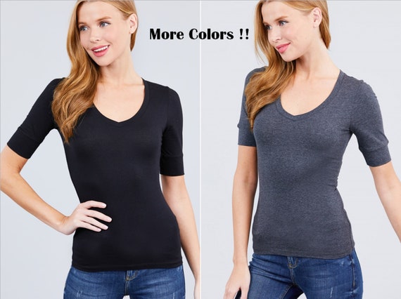 Women's Basic Elbow Sleeve V Neck T 