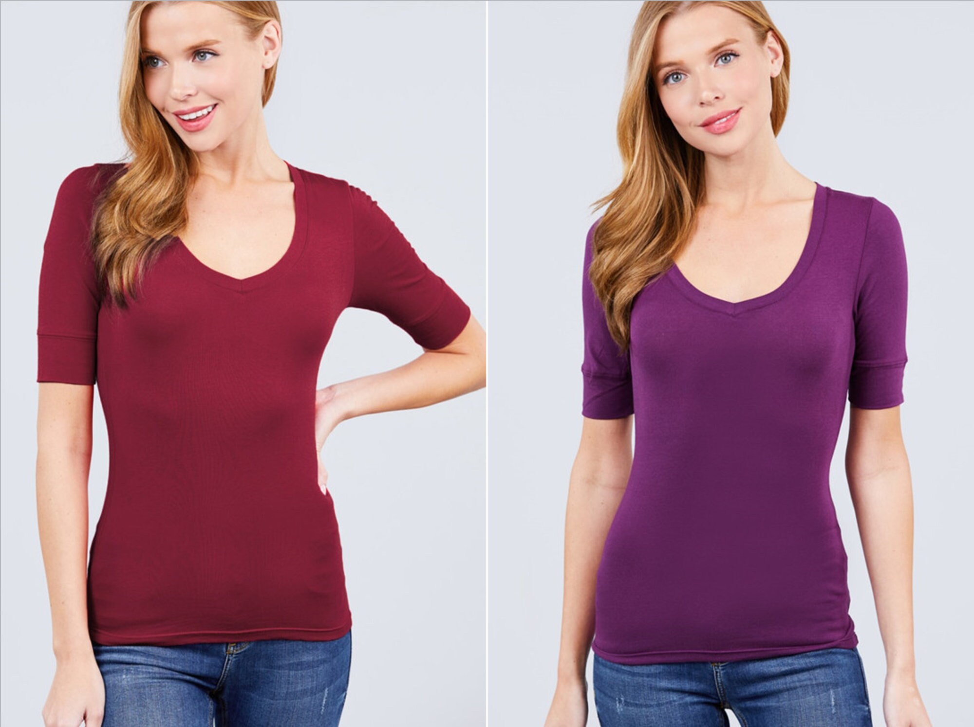 Women's Basic Elbow Sleeve V Neck T Shirt Soft Top S-3XL | Etsy