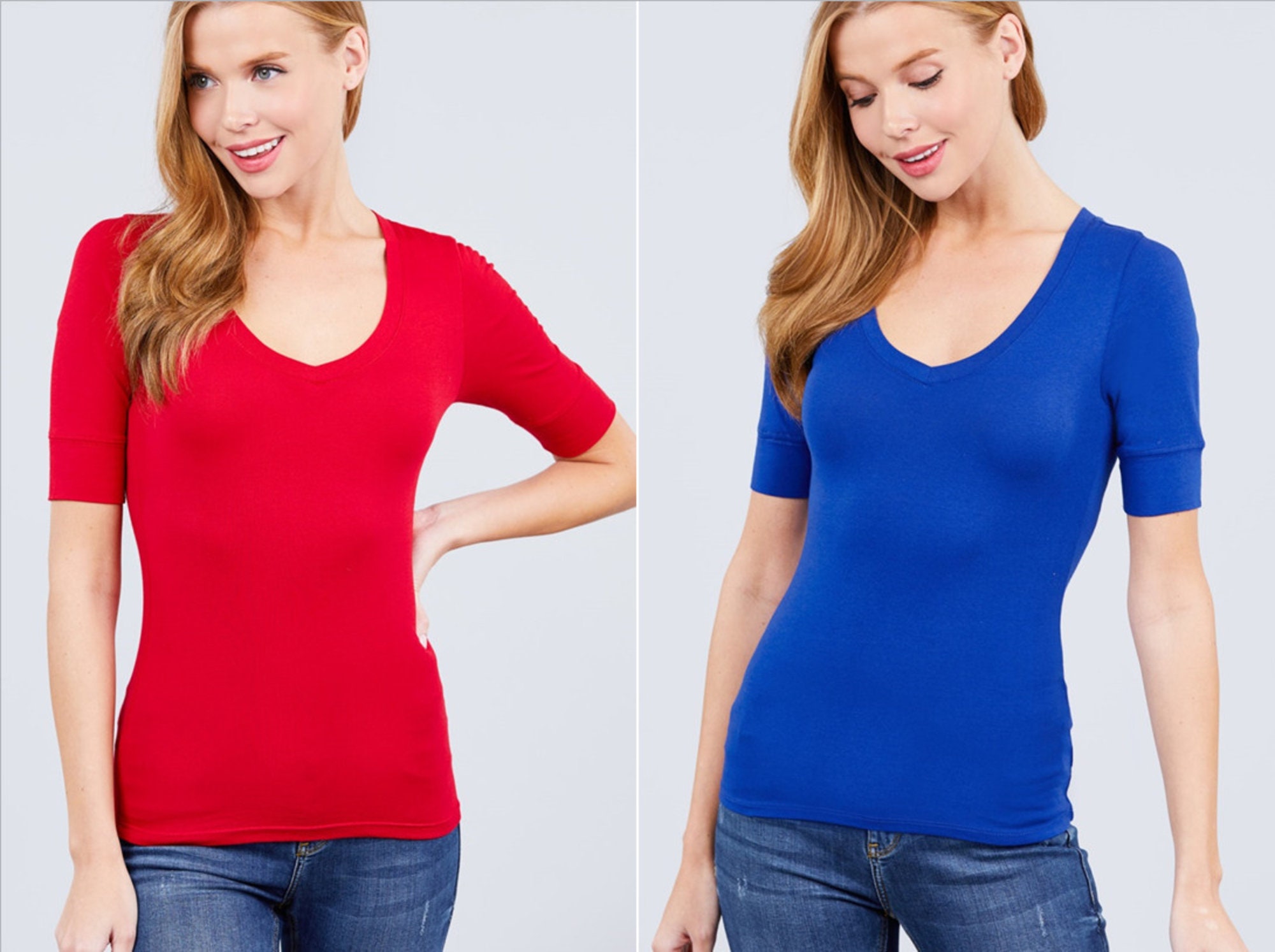 Women's Basic Elbow Sleeve V Neck T Shirt Soft Top S3XL Etsy