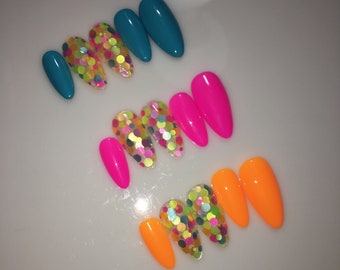 Custom Gel Press On Nails Neon Dots, Bright Fun Statement Pressons, Neon Pink Neon Orange Confetti Medium Almond Short Square Glue Ons