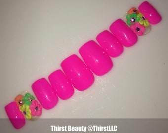 Neon Pink 3D Flower - Press On Nails - Short Square Nails - Summer Flower Nail Set - Custom Pressons - Luxury Gel At Home Nails