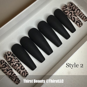 Matte Black Leopard Long Coffin Press On Nails, Fake Reusable Nails, Animal Print Nails, Custom Luxury Press On Nails, Black Nails