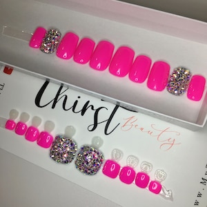 Barbie Pink Bling Short Square, Mani/Pedi Set, Reusable Fake Press On Nails