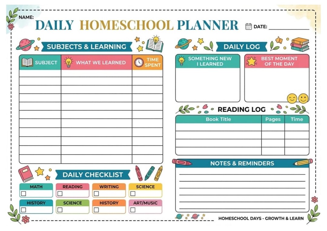 Homeschool Daily Tracker Printable, Kids Schedule, Student Log (digital