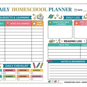 Könnte beinhalten: Ein farbenfroher täglicher Homeschool-Planer mit Abschnitten für Fächer, Tagesprotokolle, Leseprotokolle und Notizen. Enthält eine tägliche Checkliste für Fächer wie Mathematik, Lesen und Naturwissenschaften. Der Planer ist mit Sternen, Planeten und floralen Akzenten verziert.