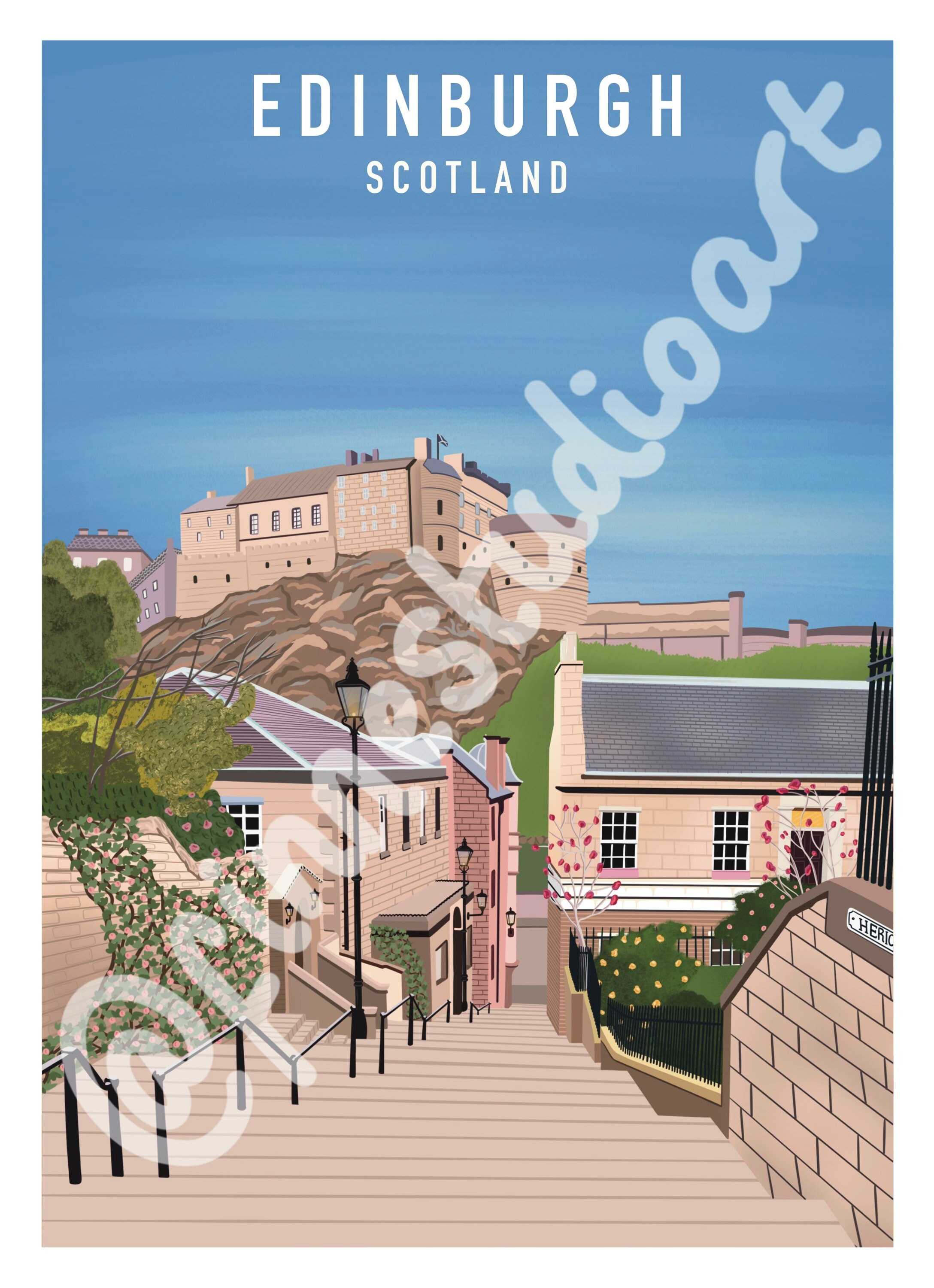 Edinburgh Castle Cityscape Art Print Digital Destination Drawing Home