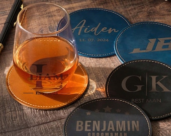 Custom Coasters Set, Genuine Leather Coaster Gift for Dad, Whiskey Coasters, Personalized Coaster Housewarming Gifts, Anniversary Gift