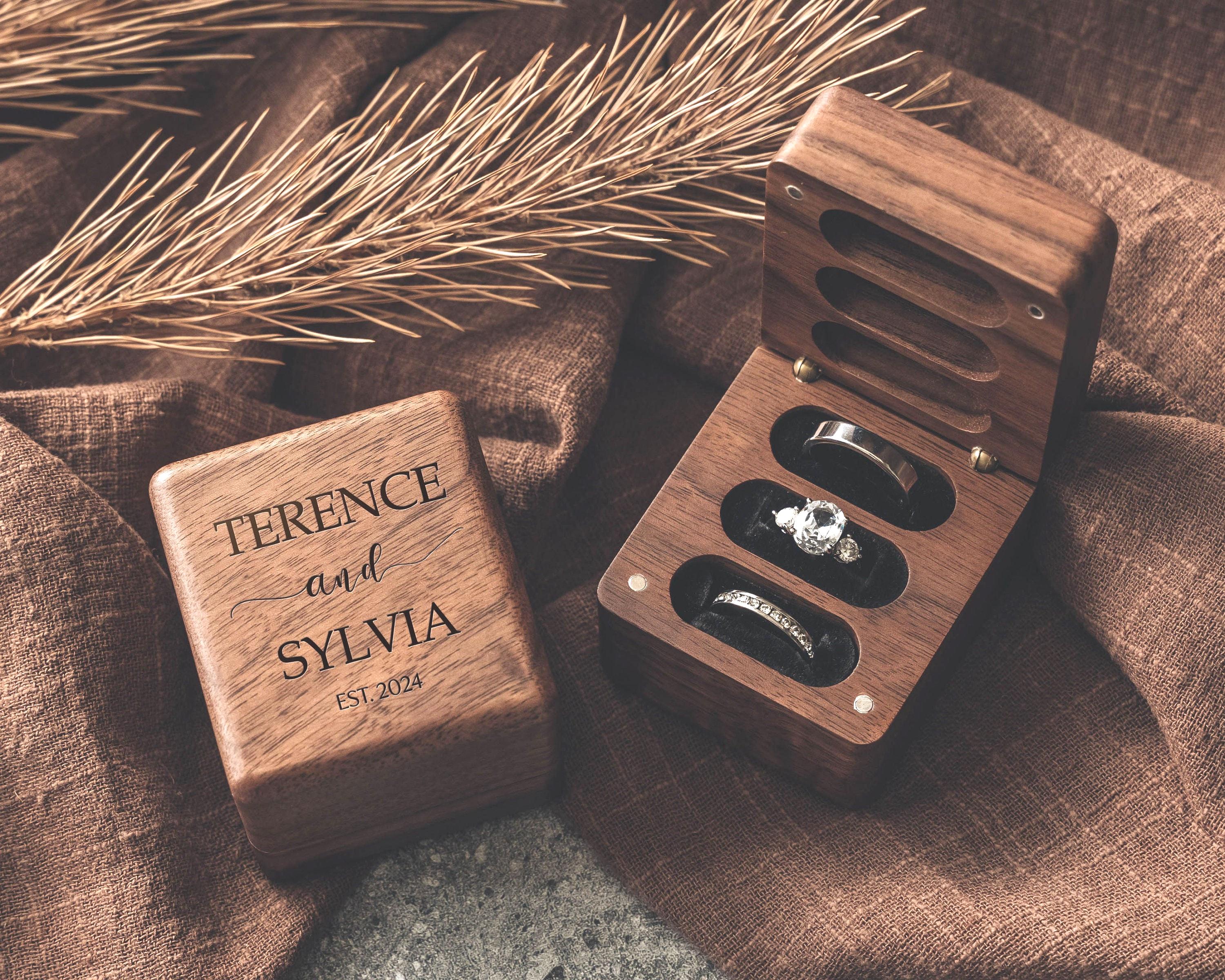 Triple Wooden Ring Box, Personalized Wood Ring Box Holder, Wedding Ceremony, Square Engagement Ring Box, Custom Engraved Ring Bearer Box [D]