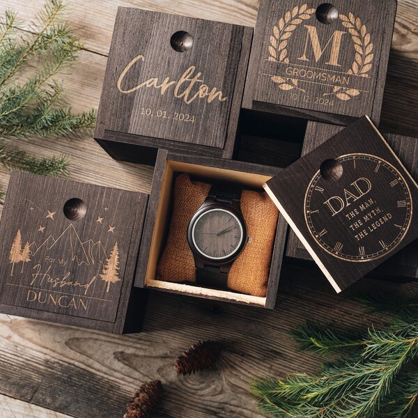 Lot de 5 montres de garçons d'honneur gravées dans un coffret cadeau | Montre en bois de proposition de garçon d'honneur avec boîte