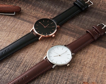 Regalos para padrinos de boda, reloj de metal grabado a medida: escritura a mano, correa de cuero, cuarzo [W]