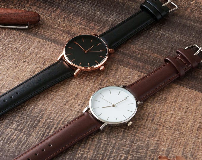 Groomsmen Gifts, Custom Engraved Metal Watch: Handwriting, Leather Band, Quartz