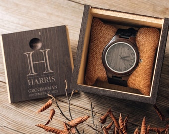Personalized Wood Watch Gift Set: Engraved Wooden Box, Leather Strap