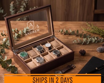 Mens Wood Watch Organizer, 5 or 10 Slot Wooden Watch Box Personalized Gifts for Him, Dad, Graduation Gift for Sun [WBX-0102]