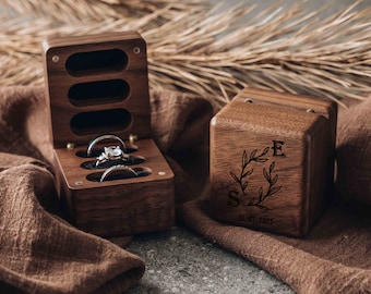 Personalized Triple Wooden Ring Box, Wedding Ceremony, Square Engagement Ring Box, Custom Engraved Ring Bearer Box, Wood Ring Box Holder