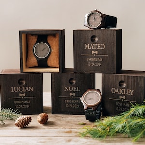 Groomsmen Gifts Personalized Wood Watch, Engraved Groomsmen Watches Groomsmen Proposal, Wooden Watch with Box Anniversary Gift for Him [W]