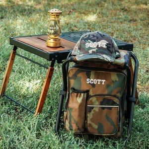 Fishing Gift Personalized Cooler Chair, Camo Backpack Stool With Custom Leather Patch [W+R] image 10