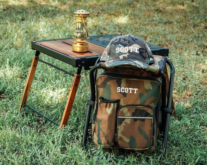 Fishing Gift Personalized Cooler Chair, Camo Backpack Stool With Custom Leather Patch [W+R] image 10