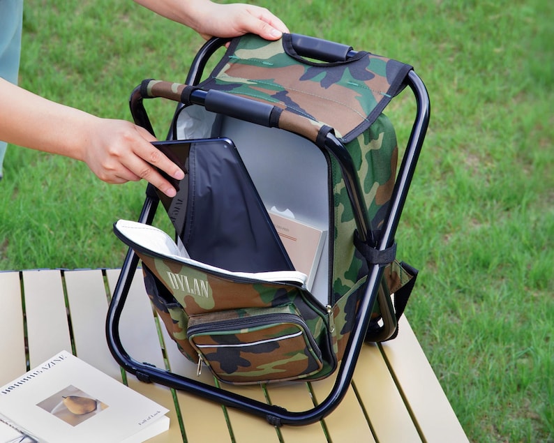 Fishing Gift Personalized Cooler Chair, Camo Backpack Stool With Custom Leather Patch [W+R] image 9