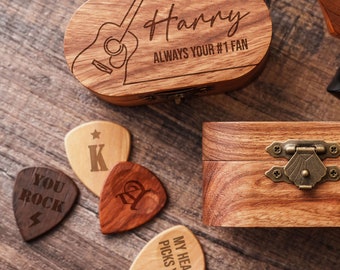 Personalized Wooden Guitar Picks Box | Custom Engraved Wood Guitar Pick Holder | Guitar Pick Storage | Guitar Gift for Dad|Musician Gifts GP