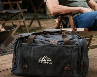Camping Travel Men Canvas Duffle Bag: Custom Embroidered Outdoor Weekender, Brown Green Black