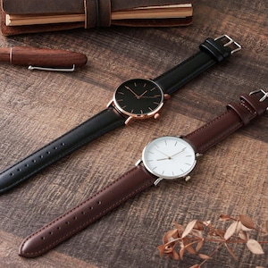 Gift for Him, Custom Engraved Metal Watch: Handwriting, Leather Band, Quartz [W] image 6