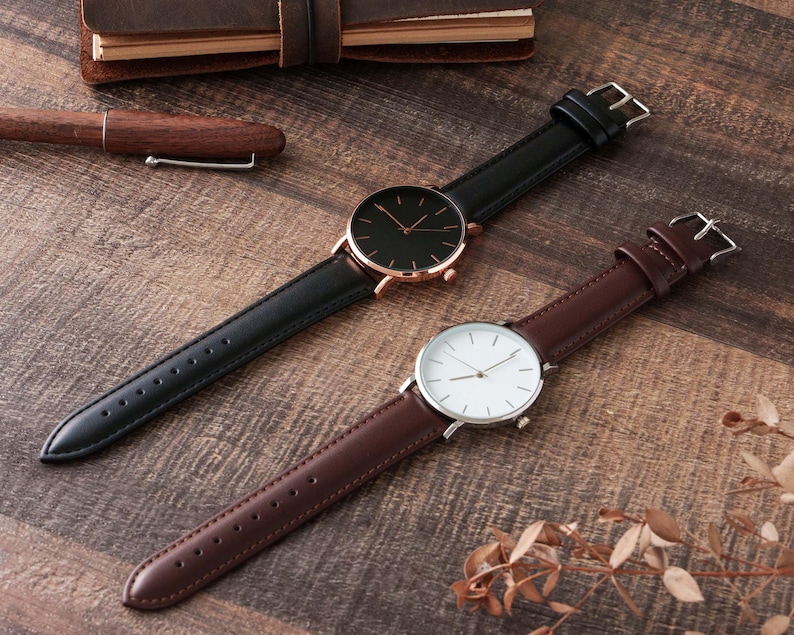 Gift for Him, Custom Engraved Metal Watch: Handwriting, Leather Band, Quartz [W] image 6