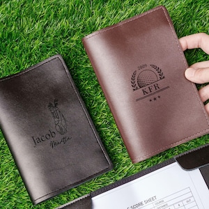 Cadeau de golf personnalisé, porte-cartes de score de golf en cuir gravé, couverture de livre sur la distance parcourue, accessoires de golf, cadeau de golf d'anniversaire pour mari