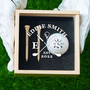 Coffret cadeau de golf personnalisé, balle de golf personnalisée, tees gravés, boîte en bois avec couvercle en acrylique, cadeau d'anniversaire pour lui, cadeau de garçon d'honneur pour homme