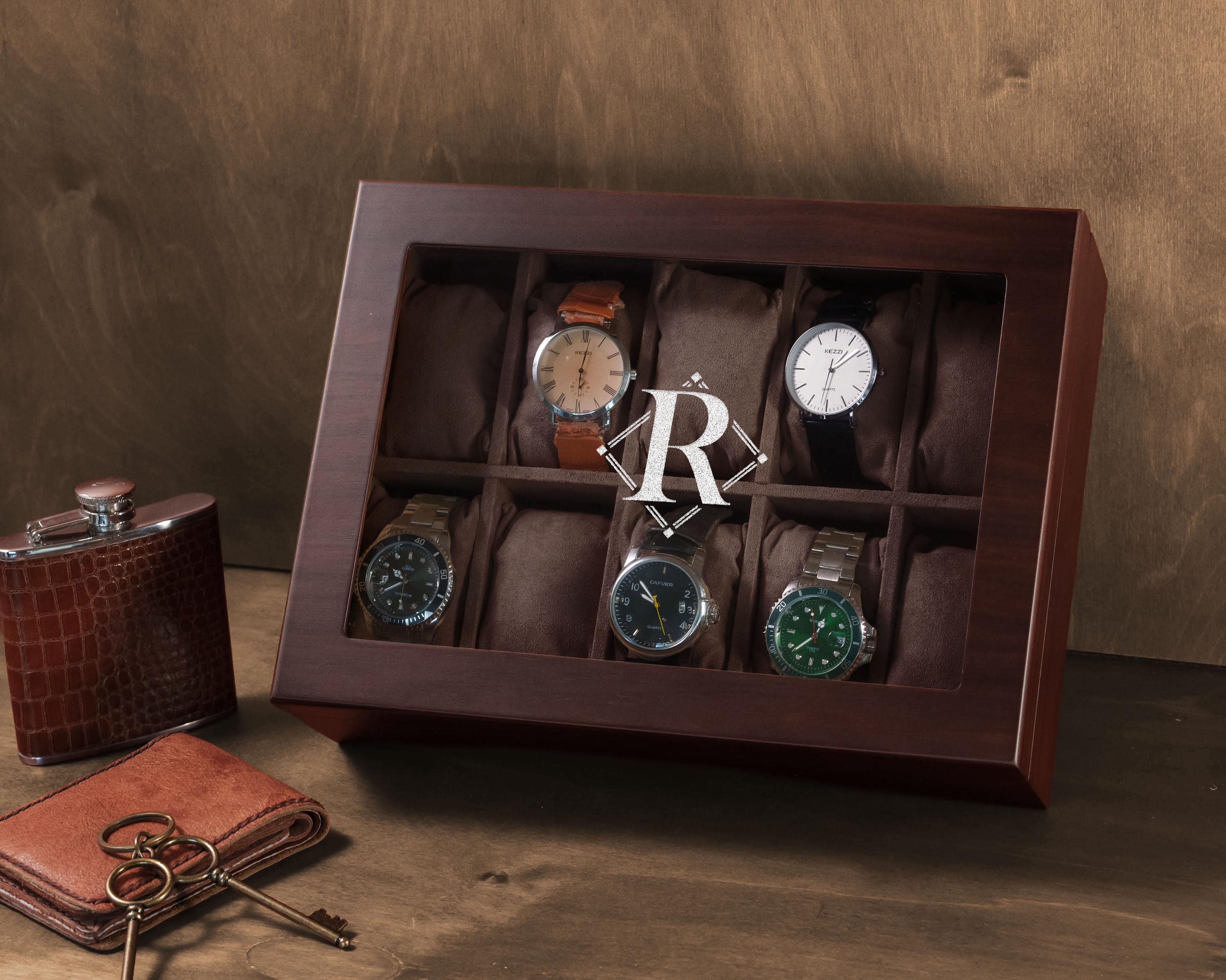 5 Slots Wood Watch Box for Men Personalized, 10 Slots Wooden Watch Storage Customized, Anniversary Gift Personalized Gifts for Dad Him [D]