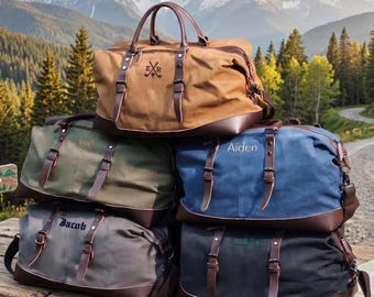 Groomsmen Gift Personalized Canvas Duffle Bag, Embroidered Grey Khaki Weekender Luggage [R]