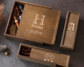 Groomsmen Proposal Empty Gift Box: Personalized Natural Pine Wood Sliding Lid Organizer [W]