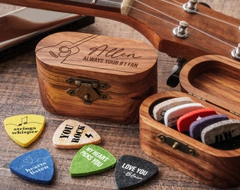 Personalized Wooden Guitar Picks Box | Custom Engraved Wood Ukulele Pick Holder | Guitar Pick Storage|Guitar Gift for Dad Ukulele Case FGP