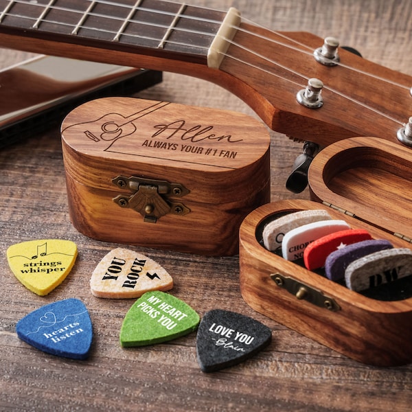 Personalized Wooden Guitar Picks Box | Custom Engraved Wood Ukulele Pick Holder | Guitar Pick Storage|Guitar Gift for Dad Ukulele Case FGP
