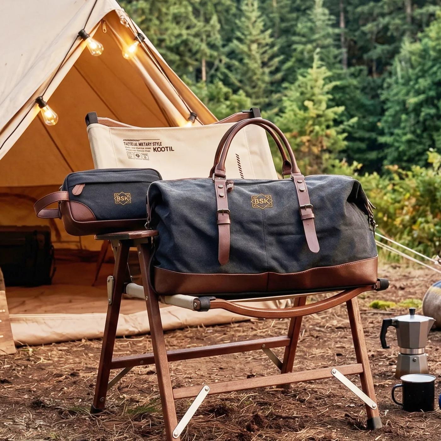 Embroidered Leather Canvas Duffle Set