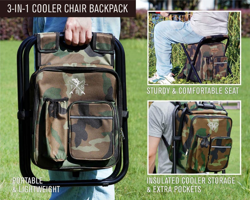 Groomsmen Gift Custom Embroidered Cooler Chair And Matching Baseball Cap Camo Set [N] [W] image 5