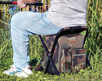 Custom Cooler Chair Backpack or Matching Cap, Fishing Gifts for Men: Personalized Embroidery or Leather Patch