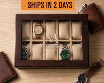 Mens Wood Watch Organizer, 5 or 10 Slot Wooden Watch Box Personalized Gifts for Him, Dad, Graduation Gift for Sun [WBX-0102]