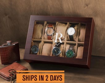 Custom Wooden Watch Box, 5 or 10 Slots: Vintage Watch Case, Personalized Gift for Him [WBX-0102]