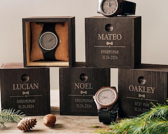 Set di 8 orologi in legno incisi: regalo per la proposta di matrimonio dei testimoni dello sposo con scatola [WT01+BX]
