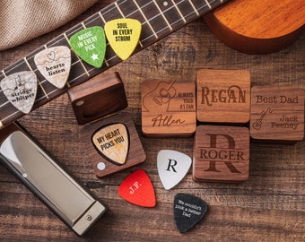 Custom Wooden Ukulele Picks Box | Personalized Guitar Pick Holder | Wood Ukulele Organizer Case | Music Gift for Guitarist Musician FGP
