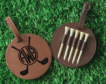 Custom Golf Bag Tag, Leather Tee Holder, Gift for Him: Dad, Husband, Boyfriend, Groom, Wedding Favors