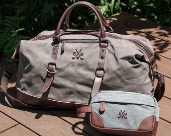 Personalized Canvas Duffle Bag and Dopp Kit Set, Custom Embroidered Weekender Bag, Groomsmen Toiletry Bag, Mens 2pcs Travel Luggage