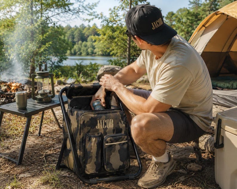 Groomsmen Gift Custom Embroidered Cooler Chair And Matching Baseball Cap Camo Set [N] [W] image 8