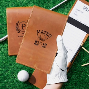 Porta segnapunti da golf in vera pelle personalizzato, copertina per registro di yardage di alta qualità, regalo da golf per lui, accessori da golf in pelle Crazy Horse