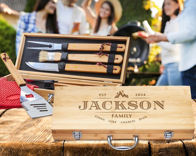 Custom BBQ set Father's Day Gift | Personalized Grilling Set | Engraved Barbecue Tools Best Anniversary Gifts for Him Husband Dad