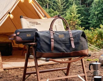 Groomsmen Gift Personalized Leather Canvas Duffle Bag, Embroidered Dopp Kit Combo Set