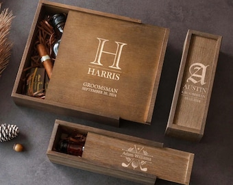 Groomsmen Proposal Empty Gift Box: Personalized Natural Pine Wood Sliding Lid Organizer [W]