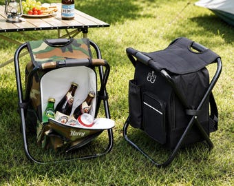 Fishing Gift Personalized Cooler Chair, Camo Backpack Stool With Custom Leather Patch [W+R]