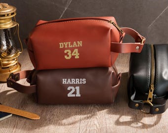 Embroidered Leather Toiletry Bag, Groomsmen Dopp Kit, Gift for Him