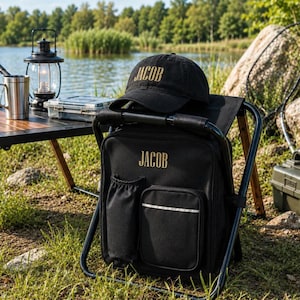 May include: A black folding stool with an integrated storage bag and a matching black baseball cap. Both items feature the name JACOB embroidered in gold thread. The stool has a front pocket with a reflective strip and a side mesh pocket.